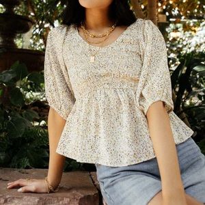 Smocked Peplum Floral Blouse in Cream